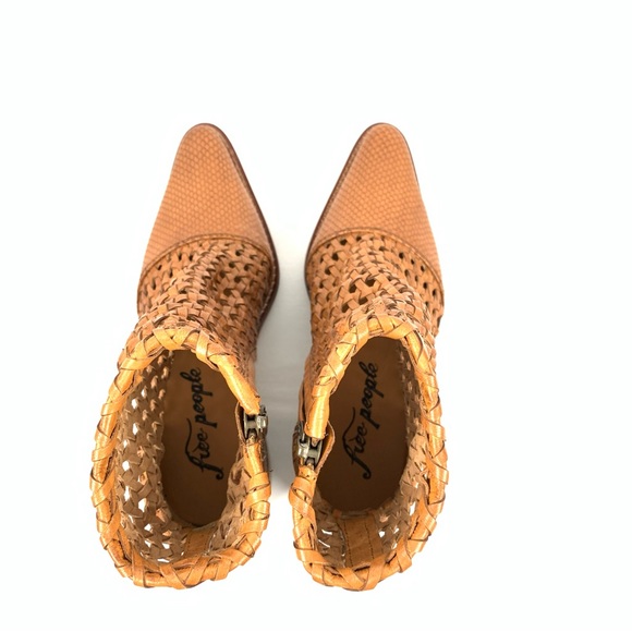 Free People In The Loop Woven Boots Tan Leather Boho Ankle Block Heel Festival - Picture 4 of 7